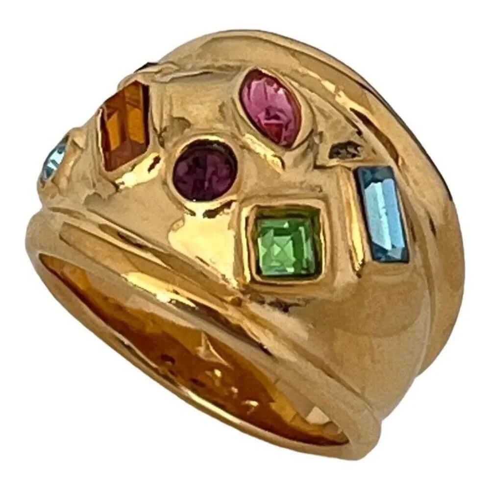 Vintage 1980s Ring Size 8 DG Multi Color CZ Wide Gold Plated Band - 14T
